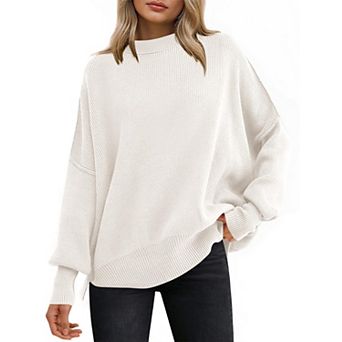 Women Batwing Long Sleeve Crewneck Knit Side Slit Pullover