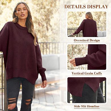Women's Oversized Batwing Sweater Crewneck Knit Side Slit Pullover