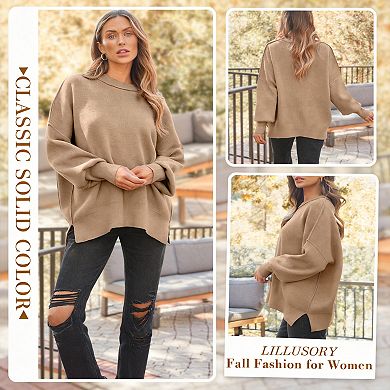 Women's Oversized Batwing Sweater Crewneck Knit Side Slit Pullover