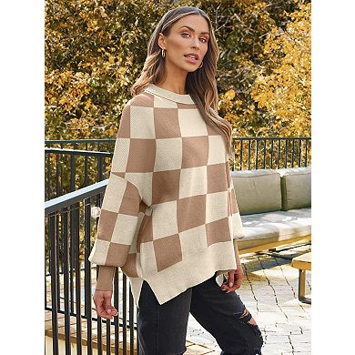 Women's Oversized Batwing Sweater Crewneck Knit Side Slit Pullover