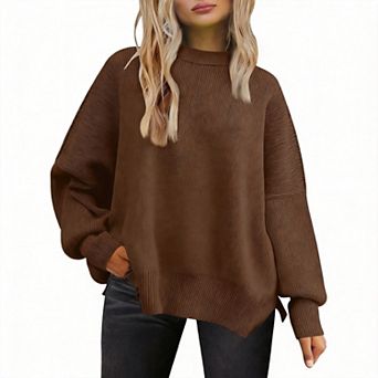 Women's Oversized Batwing Sweater Crewneck Knit Side Slit Pullover
