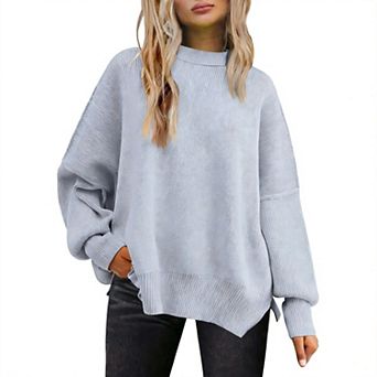Women's Oversized Batwing Sweater Crewneck Knit Side Slit Pullover
