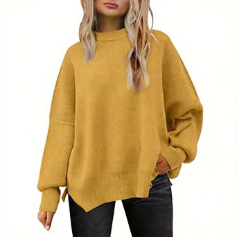 Women's Oversized Batwing Sweater Crewneck Knit Side Slit Pullover