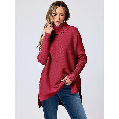Women's Oversized Turtleneck Batwing Sleeve Split Knit Tunic Pullover