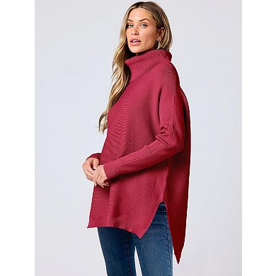 Women's Oversized Turtleneck Batwing Sleeve Split Knit Tunic Pullover