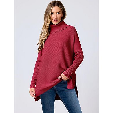 Women's Oversized Turtleneck Batwing Sleeve Split Knit Tunic Pullover