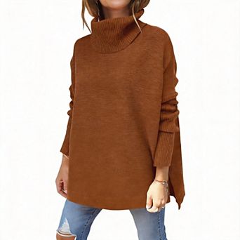 Women's Oversized Turtleneck Batwing Sleeve Split Knit Tunic Pullover