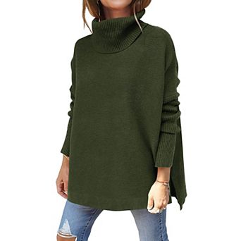 Women's Oversized Turtleneck Batwing Sleeve Split Knit Tunic Pullover