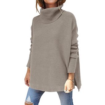 Women's Oversized Turtleneck Batwing Sleeve Split Knit Tunic Pullover