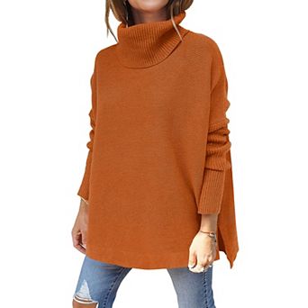 Women's Oversized Turtleneck Batwing Sleeve Split Knit Tunic Pullover