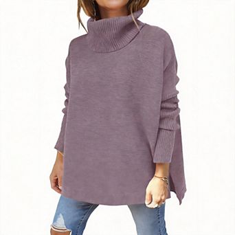Women's Oversized Turtleneck Batwing Sleeve Split Knit Tunic Pullover