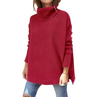 Women's Oversized Turtleneck Batwing Sleeve Split Knit Tunic Pullover