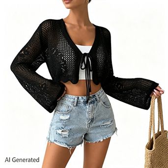 Women's Crochet Knit Cropped Cardigan with Tie Front Long Bell Sleeve Open Front Shrug Cover Up