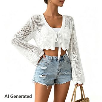 Women's Crochet Knit Cropped Cardigan with Tie Front Long Bell Sleeve Open Front Shrug Cover Up