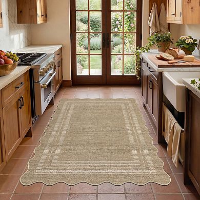 Scalloped Machine Washable Area Rug with Rubber Backing Modern Non-Slip Low Pile Carpet