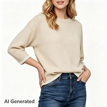 Women Fashion Solid Crewneck Loose Fit Long Sleeve Contrast Cable Knit Pullover Sweater Jumper Tops