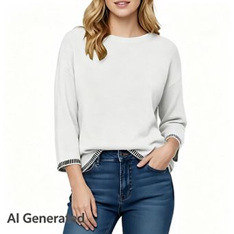 Women Fashion Solid Crewneck Loose Fit Long Sleeve Contrast Cable Knit Pullover Sweater Jumper Tops