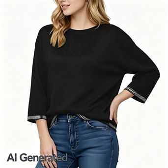 Women Fashion Solid Crewneck Loose Fit Long Sleeve Contrast Cable Knit Pullover Sweater Jumper Tops