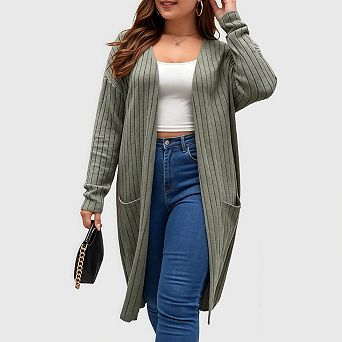 Women Plus Size Cardigans Casual Long Sleeve Open Front Knit Loose Long Outwear with Pockets