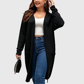 Women Plus Size Cardigans Casual Long Sleeve Open Front Knit Loose Long Outwear with Pockets