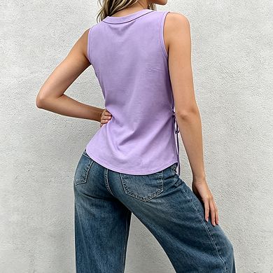 Women's V Neck Sleeveless Wrap Front Side Tie Asymmetrical Hem Lightweight Tank Blouse Top