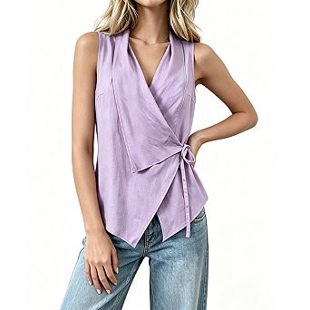 Women's V Neck Sleeveless Wrap Front Side Tie Asymmetrical Hem Lightweight Tank Blouse Top