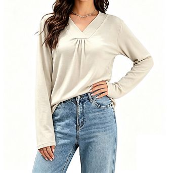 Women's V Neck Front Pleated Long Sleeve Loose Fit Tunic Soft Knit Casual Top