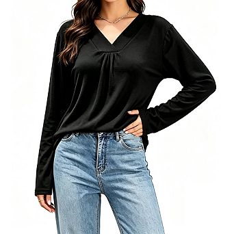Women's V Neck Front Pleated Long Sleeve Loose Fit Tunic Soft Knit Casual Top