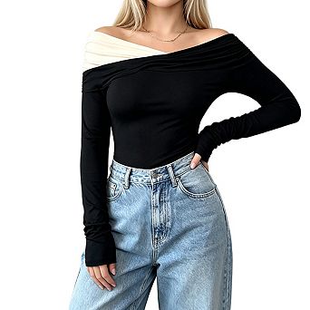 Womens Asymmetric Off Shoulder Long Sleeve Color Block Ruched Fitted Slim Curved Hem Top