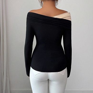 Womens Asymmetric Off Shoulder Long Sleeve Color Block Ruched Fitted Slim Curved Hem Top