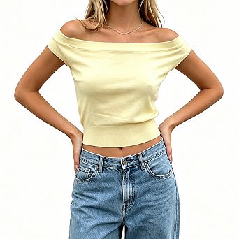 Women's Off Shoulder Short Sleeve Draped Back Ruched Side Ribbed Hem Cropped Stretch Knit Top