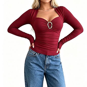 Women's Sweetheart Neck Long Sleeve Shrug Ruched Fitted Cropped Waist Top