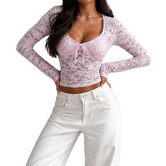 Women's Deep V Neck Long Sleeve Sheer Floral Lace Fitted Cropped Top