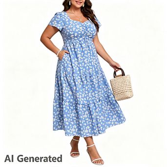 Women Plus Size Short Sleeve Dress Casual Tiered Flowy Loose Sundress