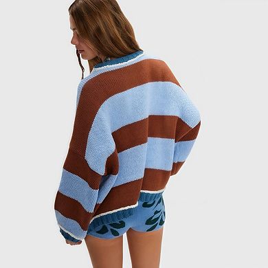 Women's Chunky Knit Striped Sweaters Casual Long Sleeve Crew Neck Oversized Pullover Tops