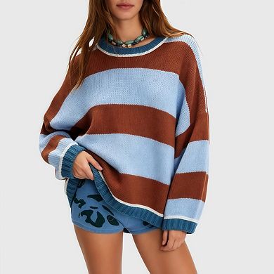Women's Chunky Knit Striped Sweaters Casual Long Sleeve Crew Neck Oversized Pullover Tops