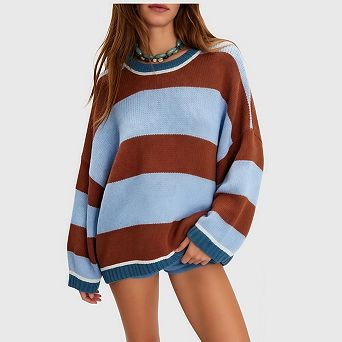 Women's Chunky Knit Striped Sweaters Casual Long Sleeve Crew Neck Oversized Pullover Tops