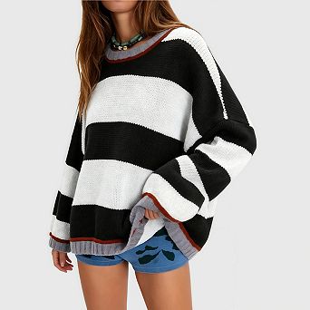Women's Chunky Knit Striped Sweaters Casual Long Sleeve Crew Neck Oversized Pullover Tops