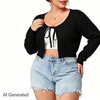 Women's Plus Size Tie Open Front Long Sleeve Rib Knit Shrug Sweaters Cardigan Crop Top