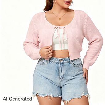 Women's Plus Size Tie Open Front Long Sleeve Rib Knit Shrug Sweaters Cardigan Crop Top