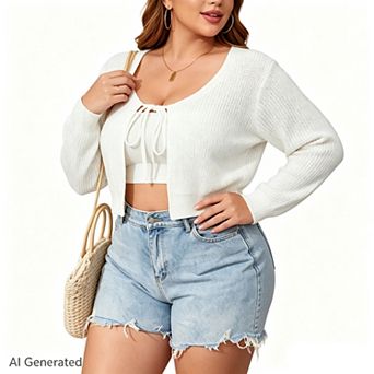 Women's Plus Size Tie Open Front Long Sleeve Rib Knit Shrug Sweaters Cardigan Crop Top