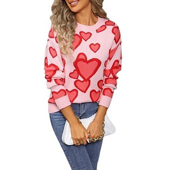 Women's Pullover Sweaters Loose Long Sleeve Crew Neck Knit Sweatshirt Casual Cute Heart Tops