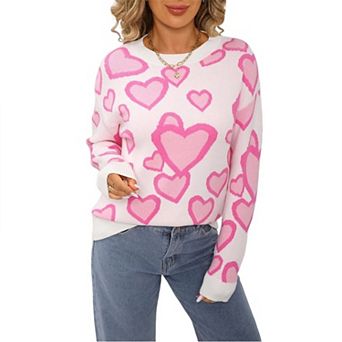 Women's Pullover Sweaters Loose Long Sleeve Crew Neck Knit Sweatshirt Casual Cute Heart Tops