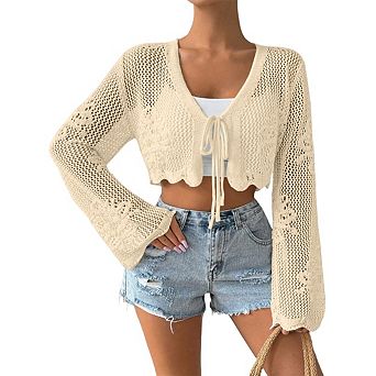 Women's Crochet Knit Cropped Cardigan Long Bell Sleeve Openwork Shrug Cover Up with Tie