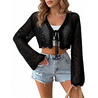 Women's Crochet Knit Cropped Cardigan Long Bell Sleeve Openwork Shrug Cover Up with Tie