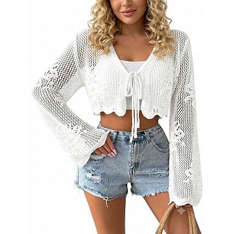 Women's Crochet Knit Cropped Cardigan Long Bell Sleeve Openwork Shrug Cover Up with Tie
