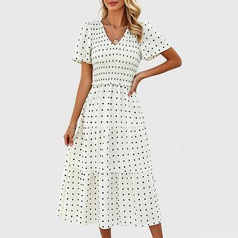 Women's Summer V Neck Smocked Midi Dress Polka Dots Flutter Sleeve Tiered Flowy Dress