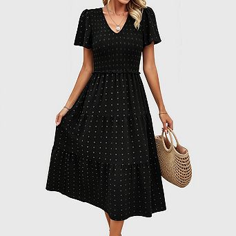 Women's Summer V Neck Smocked Midi Dress Polka Dots Flutter Sleeve Tiered Flowy Dress