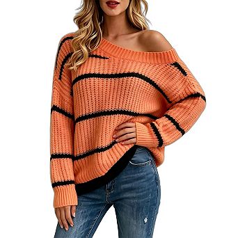 Women's Drop Shoulder Striped Sweater Oversized Color Block Knit Going Out Long Sleeve Pullover Tops