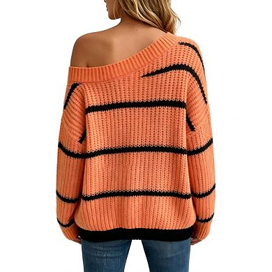 Women's Drop Shoulder Striped Sweater Oversized Color Block Knit Going Out Long Sleeve Pullover Tops